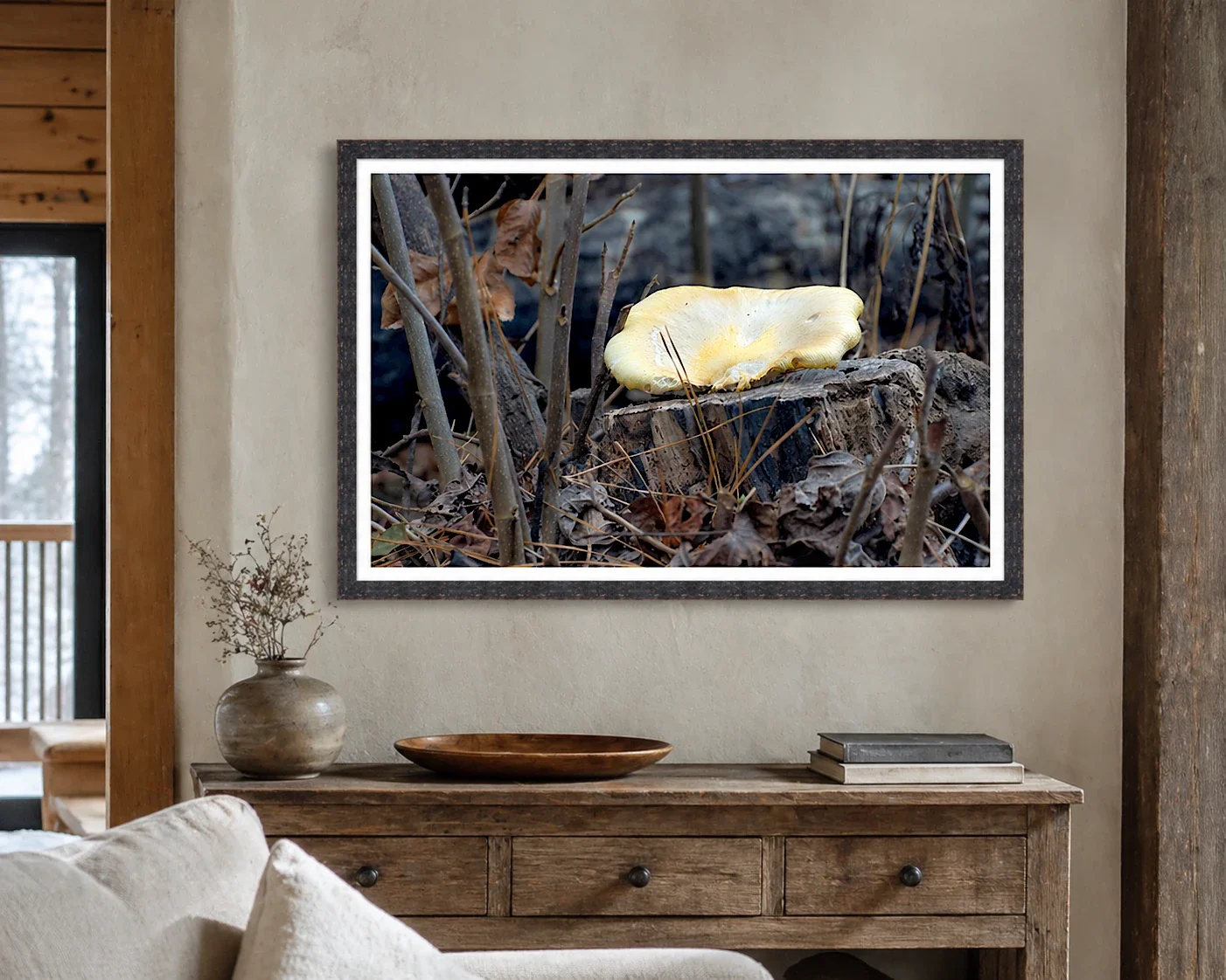 Golden Mushroom on Cut Stump - Winter Interior