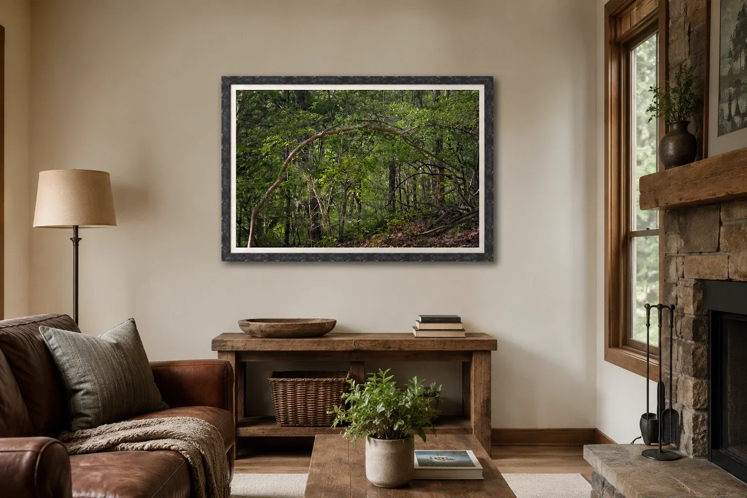 Bent sapling arches across a dense forest understory, framed by vertical pines and dappled morning light, revealing layered green textures in an intimate woodland landscape.