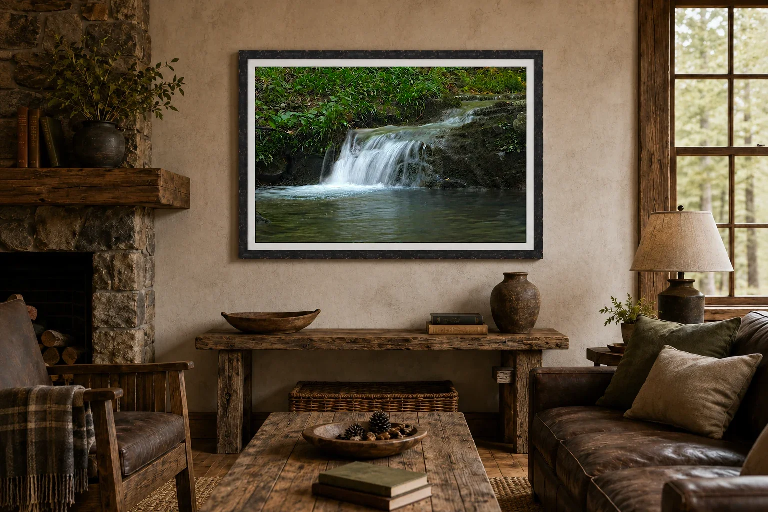 Forest creek flowing over a broad dark rock ledge into a pool, surrounded by dense green vegetation and pale blue-gray moving water.