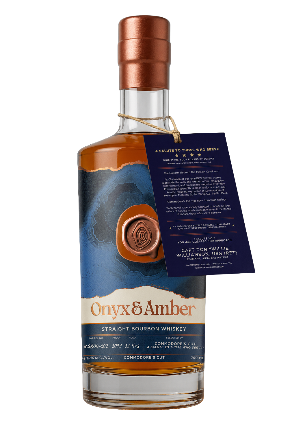 A bottle of Onyx & Amber straight bourbon whiskey with a navy blue informational tag attached to the neck, featuring a copper wax seal on the front label.