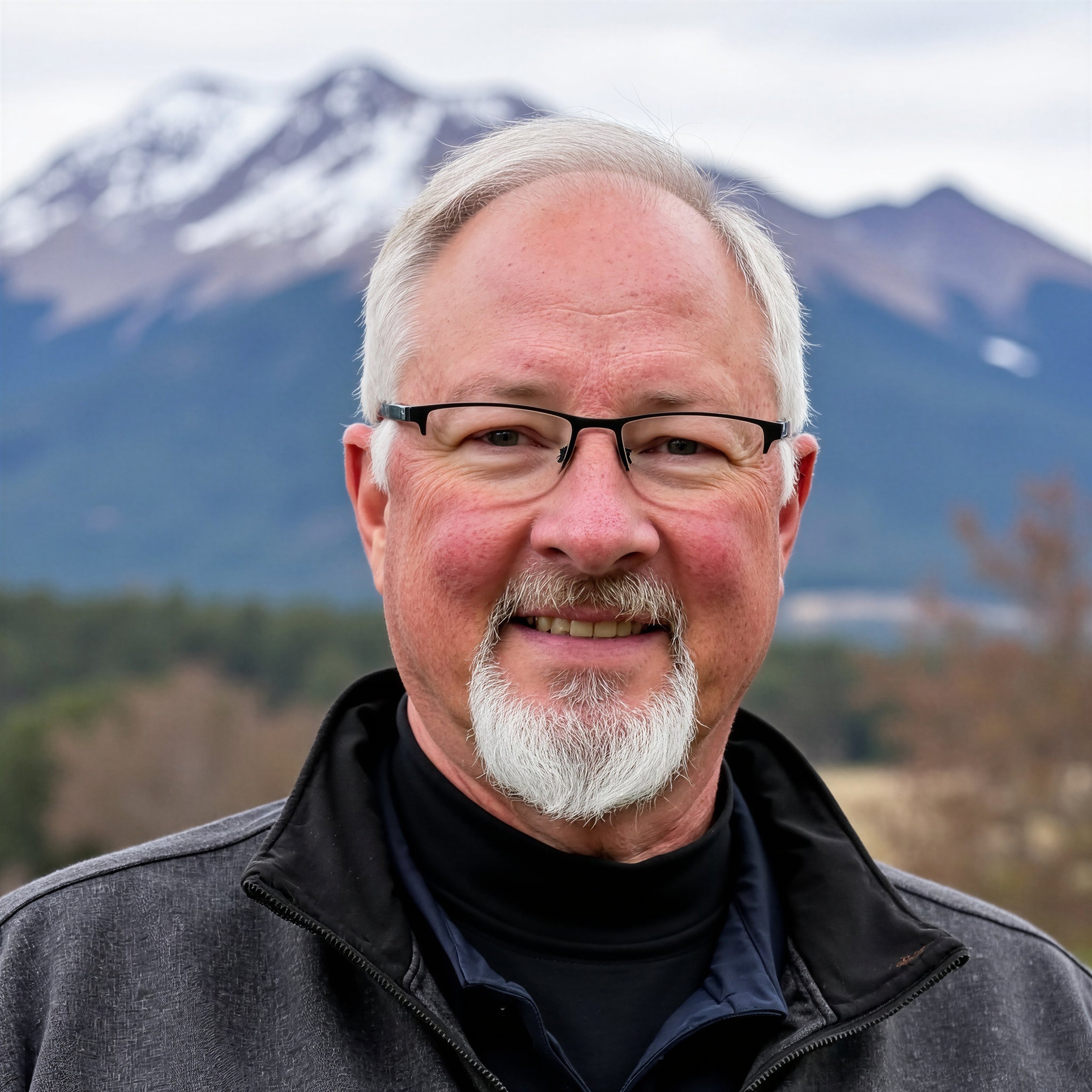 Close-up of a smiling man with white hair, glasses, and a beard, outdoors with mountain landscape in background.