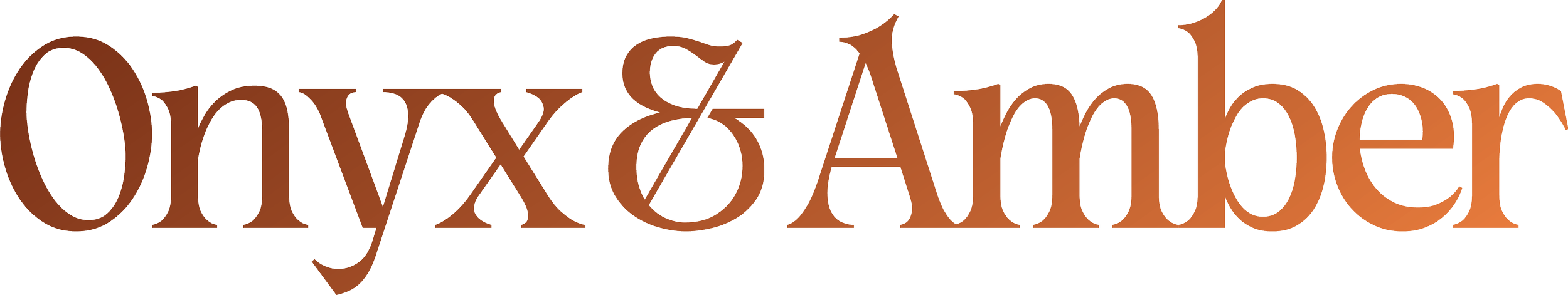The image displays the text 'Onyx & Amber' in large, brown, stylized font with a gray background.