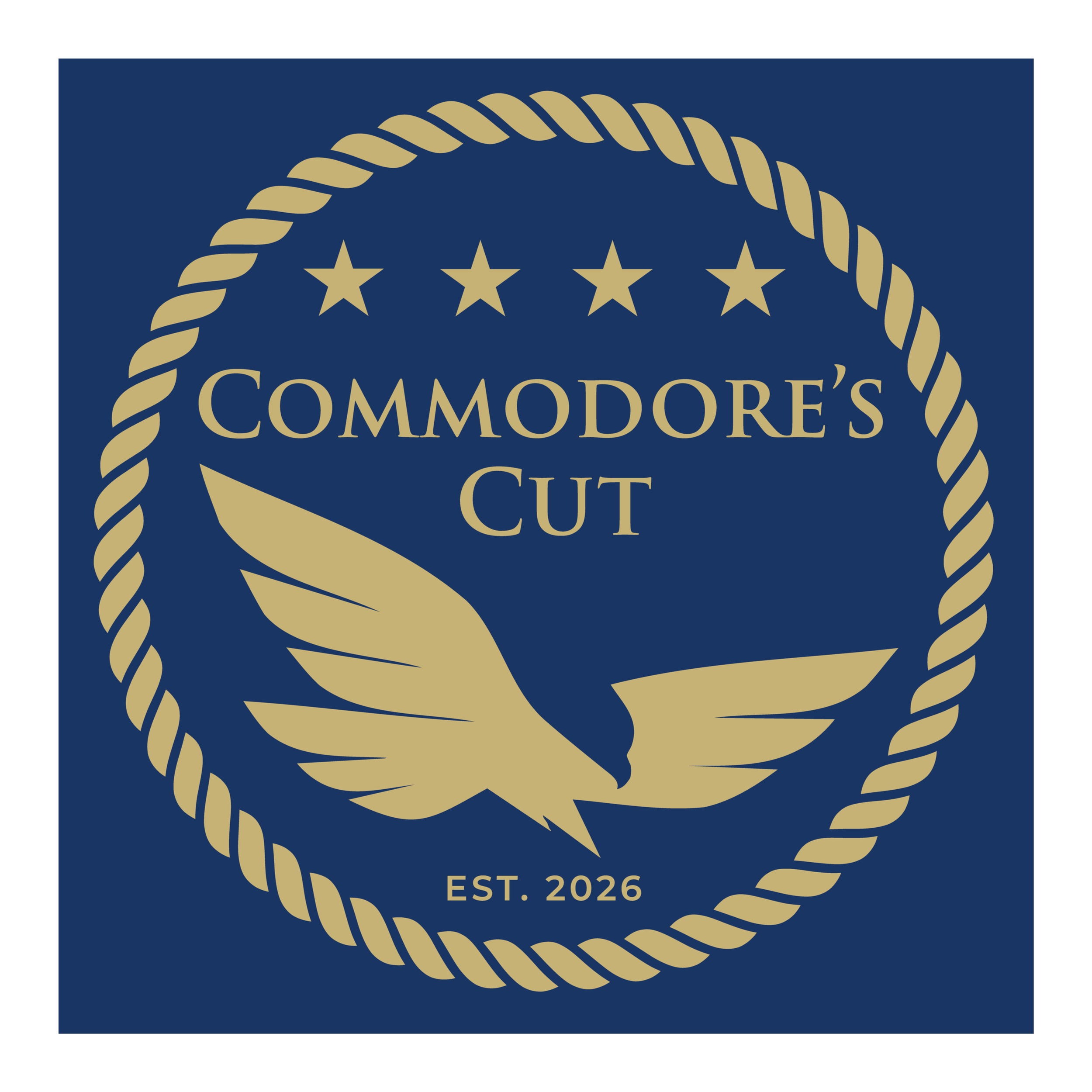A logo with a navy blue background featuring a gold twisted rope border forming a circle. Inside, there are four gold stars at the top and the text "COMMODORE'S CUT" in gold, with "EST. 2026" underneath.
