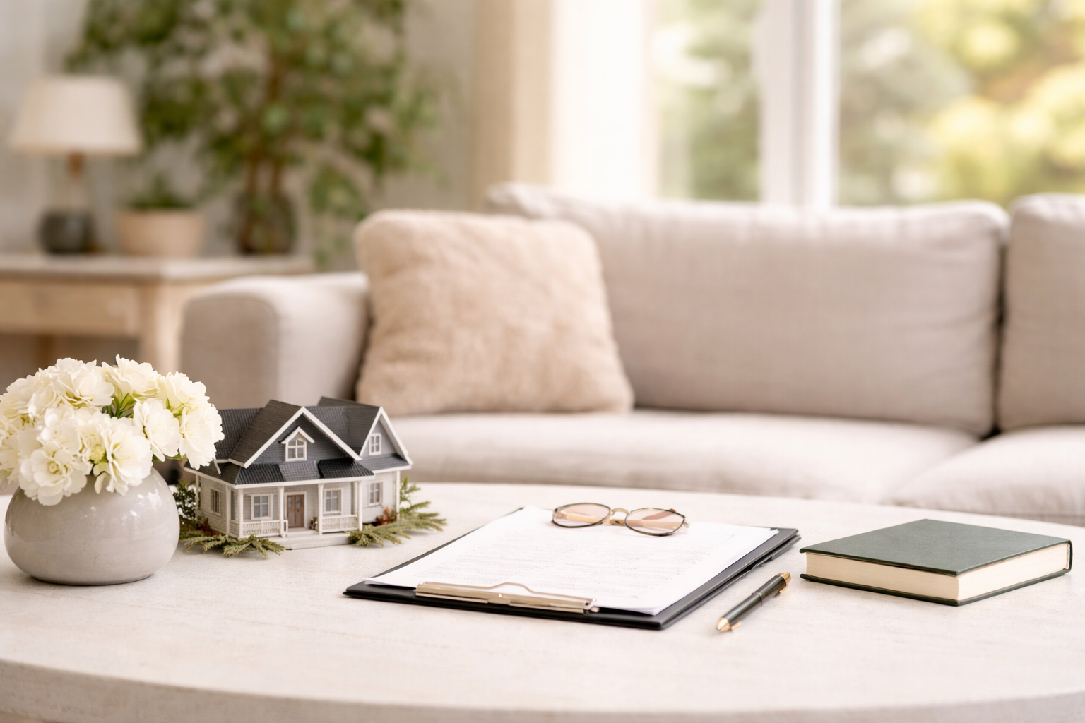 Estate planning documents with notebook on table, representing planning for modern families and protecting assets in second marriages