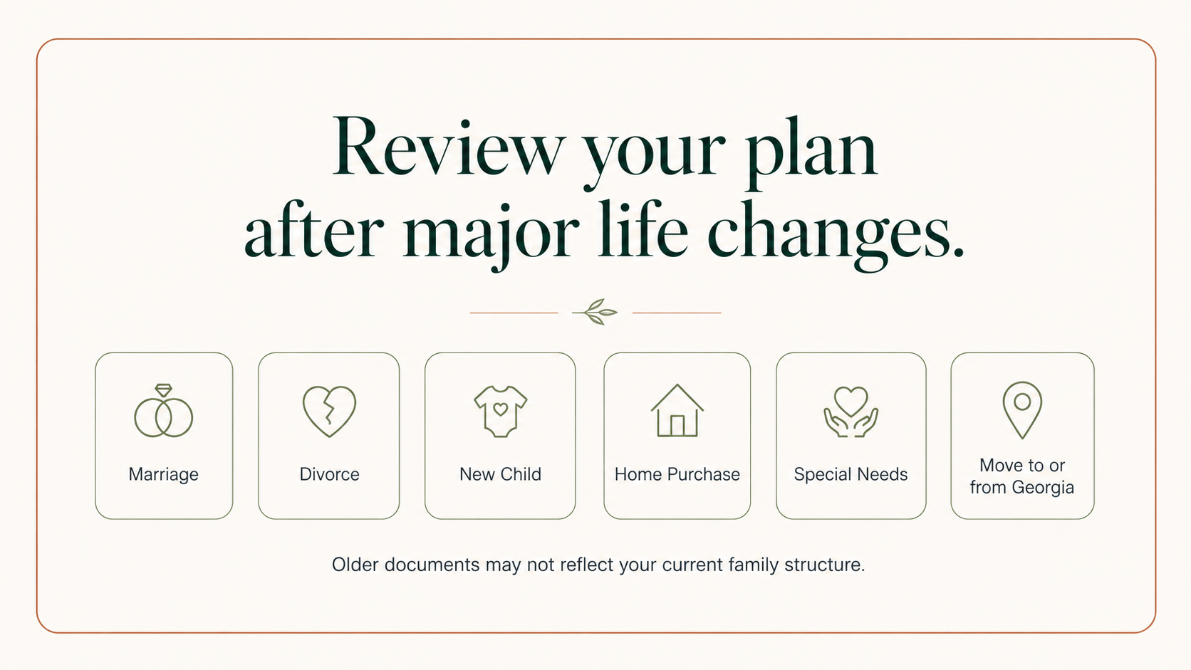 Estate plan update graphic listing major life changes such as marriage, divorce, new child, home purchase, special needs, and moving to or from Georgia.