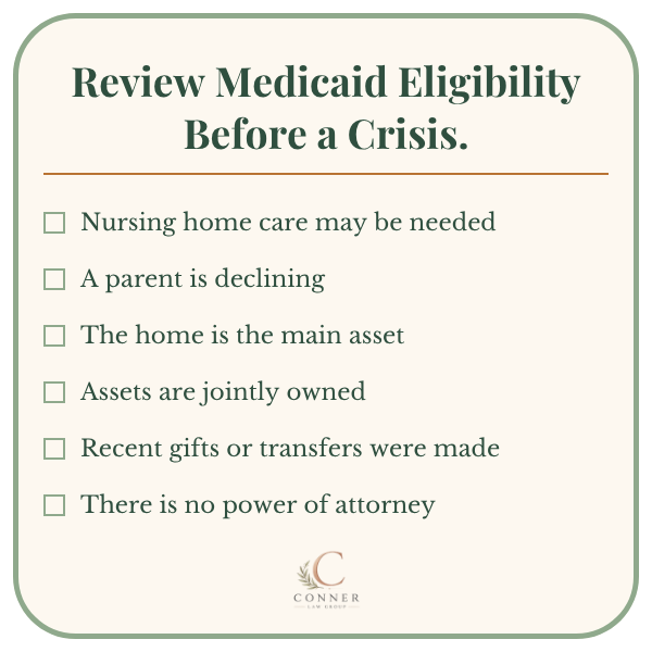 Checklist of situations when Georgia families should review Medicaid eligibility before a long-term care crisis.