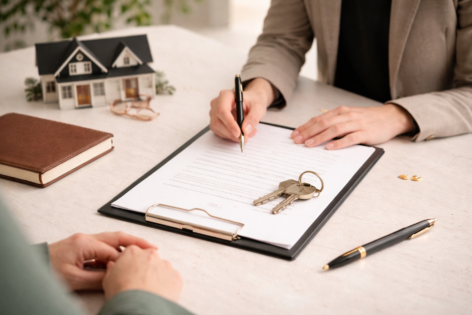 Attorney reviewing real estate documents with keys and contract, representing inherited property and partition actions in Georgia.