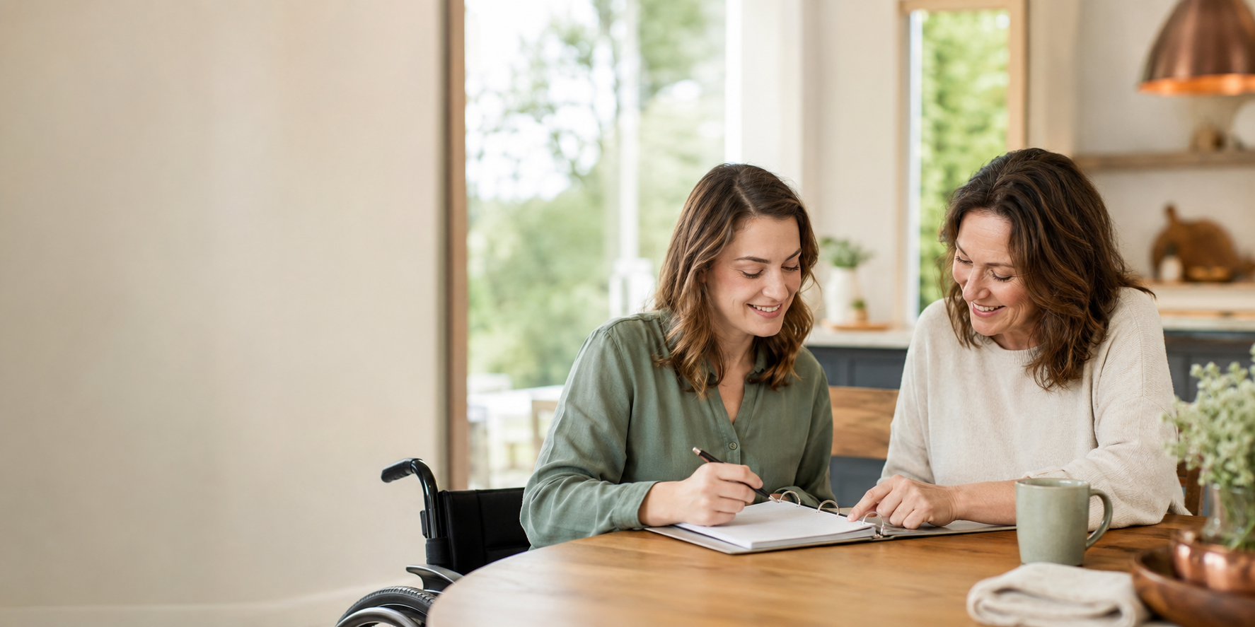 An adult woman who uses a wheelchair and her mother review a financial plan together in a bright Georgia home.