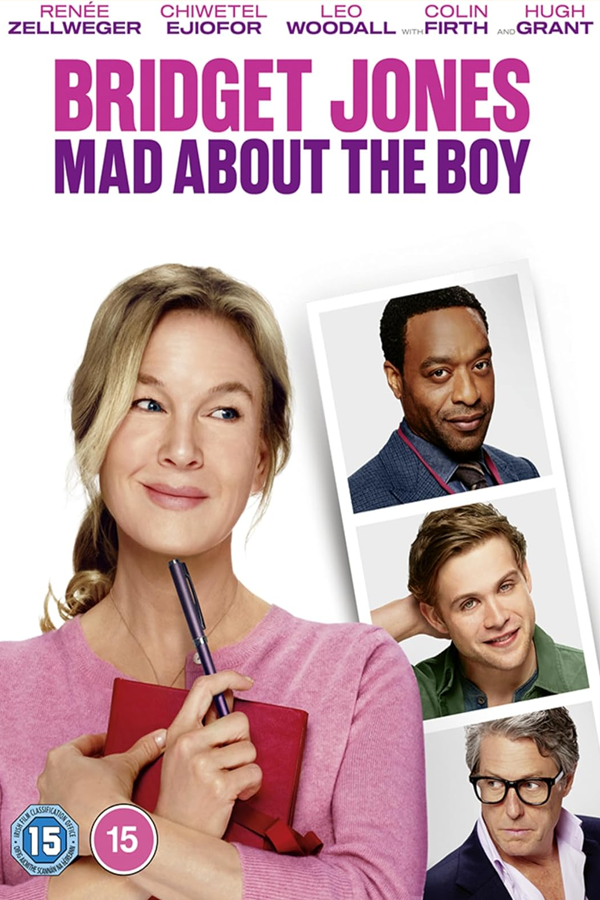 Poster for the movie 'Mad About the Boy' featuring Bridget Jones, a woman with blonde hair, holding a red notebook and a purple pen, with images of three men in a collage.
