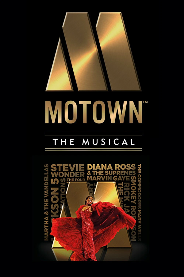 Poster for the musical 'Motown' featuring a woman in a red dress dancing in front of a gold Motown logo on a black background.