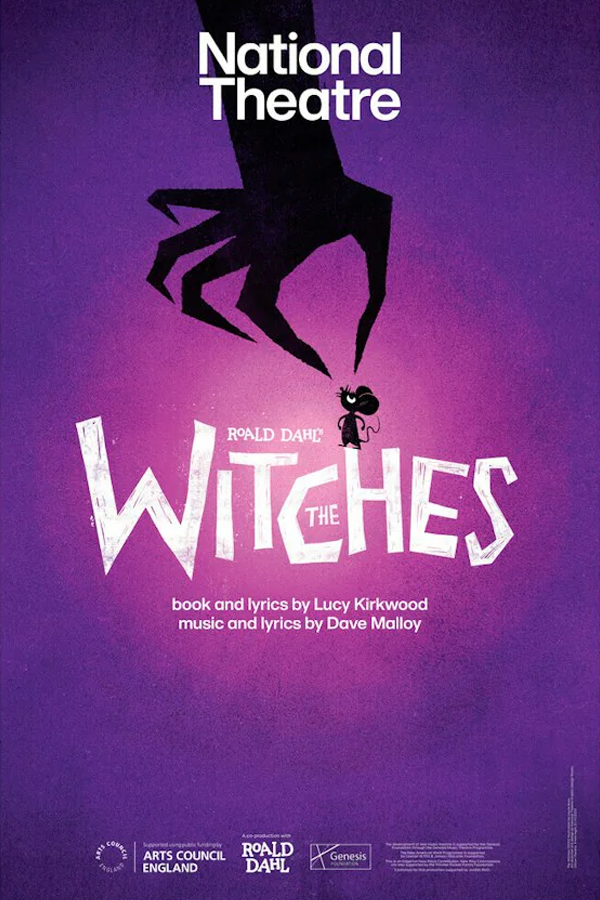 Poster for the National Theatre production of 'Witches' by Roald Dahl, featuring a purple background with a large black witch's hand reaching down towards a small witch figure, with the title in large, uneven white letters.