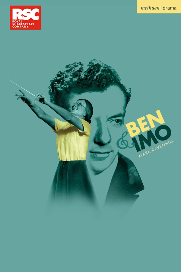 Poster for a Royal Shakespeare Company production of 'Ben and Imo,' featuring a large illustration of a woman's smiling face with curly hair, holding a baton, and an overlay of a young woman in a yellow top and black skirt raising her arms. The poste