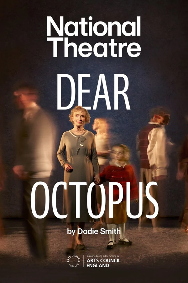 Poster for National Theatre's production of 'Dear Octopus' by Dodie Smith. The image shows an older woman and a young girl standing together, surrounded by blurred figures of moving people, set against a dark background.