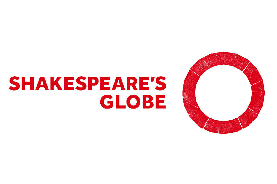 Text that reads 'SHAKESPEARE'S GLOBE' in bold red letters, with a red circular ring to the right, on a black background.
