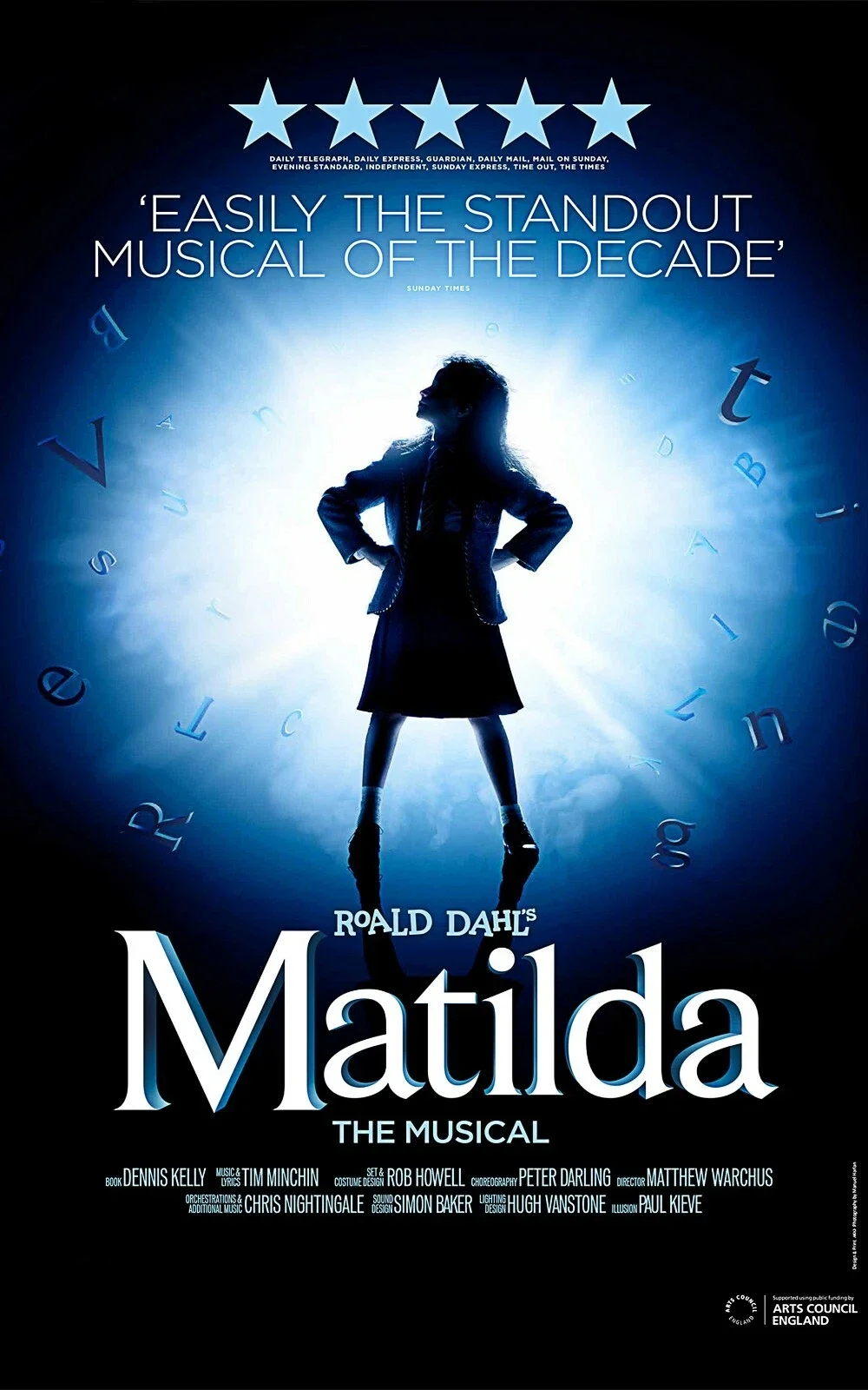 A promotional poster for Roald Dahl's musical 'Matilda,' featuring a silhouette of a young girl standing with hands on hips, surrounded by floating letters with a blue background and five-star reviews at the top.