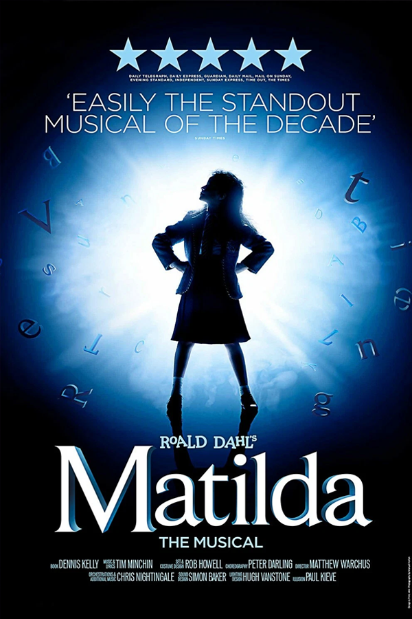 Promotional poster for the musical "Matilda," featuring a silhouette of a girl with hands on hips against a blue background with flying letters.