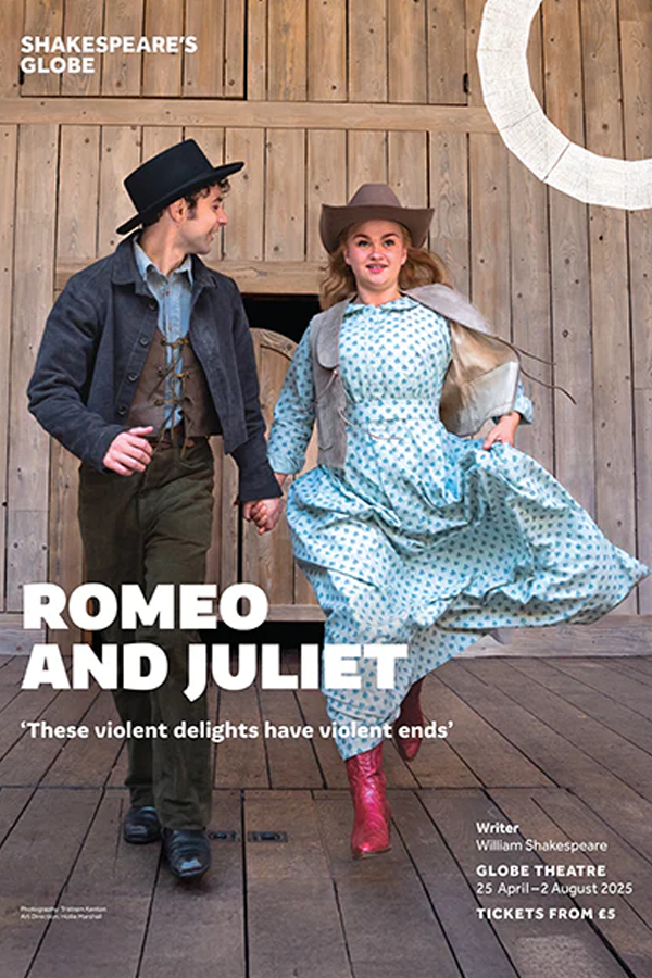 Promotional poster for Shakespeare's 'Romeo and Juliet' featuring two actors in period costumes holding hands, standing in front of a wooden background. The female actor is in a blue polka-dot dress and red boots, while the male actor is in dark pant