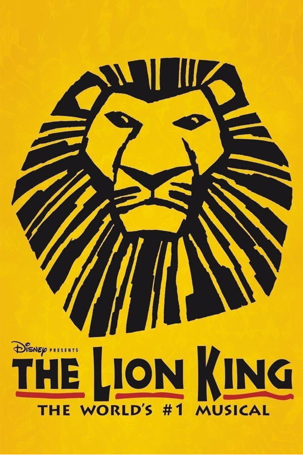 Poster for Disney's The Lion King musical featuring a stylized black lion's face on a yellow background, with the title and description.
