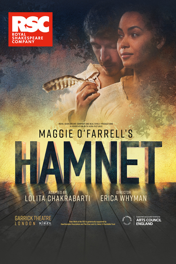 Poster for Maggie O'Farrell's 'Hamnet' featuring two actors, a woman with dark hair and an expression of contemplation, and a man with dark hair looking downward, holding a feather, with stage information at the bottom.