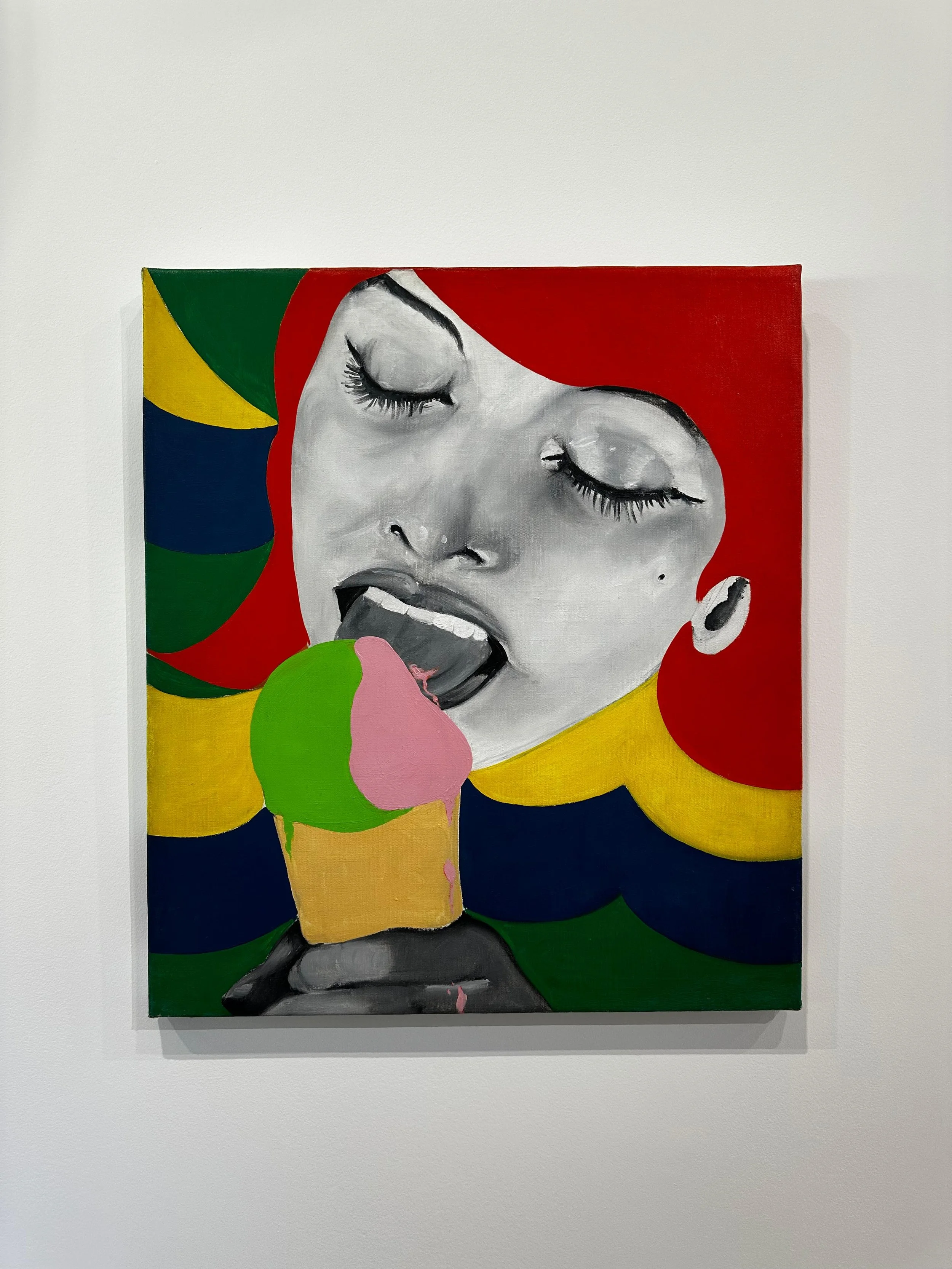 Contemporary Pop Art portrait of a woman licking a pink and green ice cream cone, displayed at Fondation Villa Carmignac in Porquerolles.
