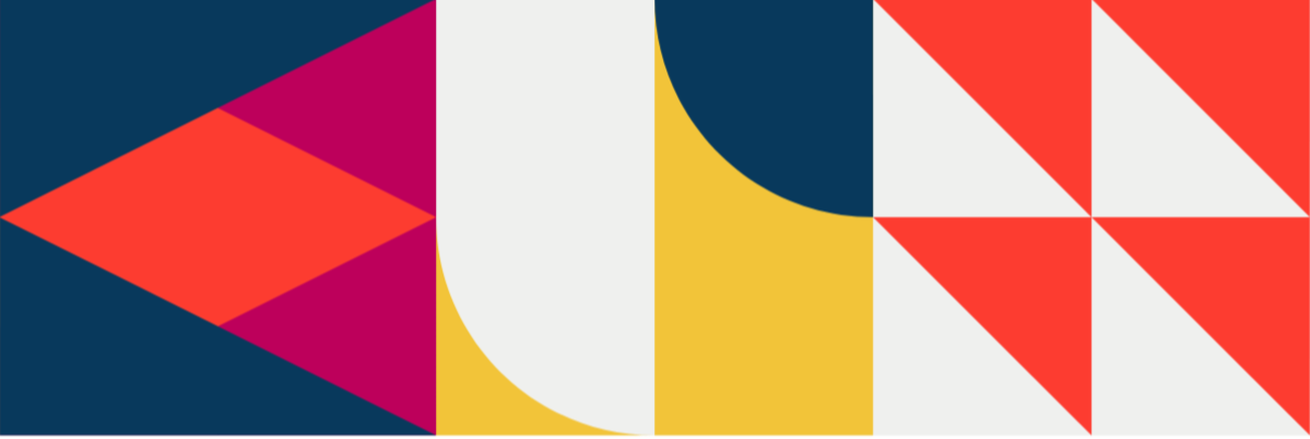 Abstract geometric pattern with triangles, circles, and rectangles in navy blue, red, pink, white, yellow, and dark blue colors.