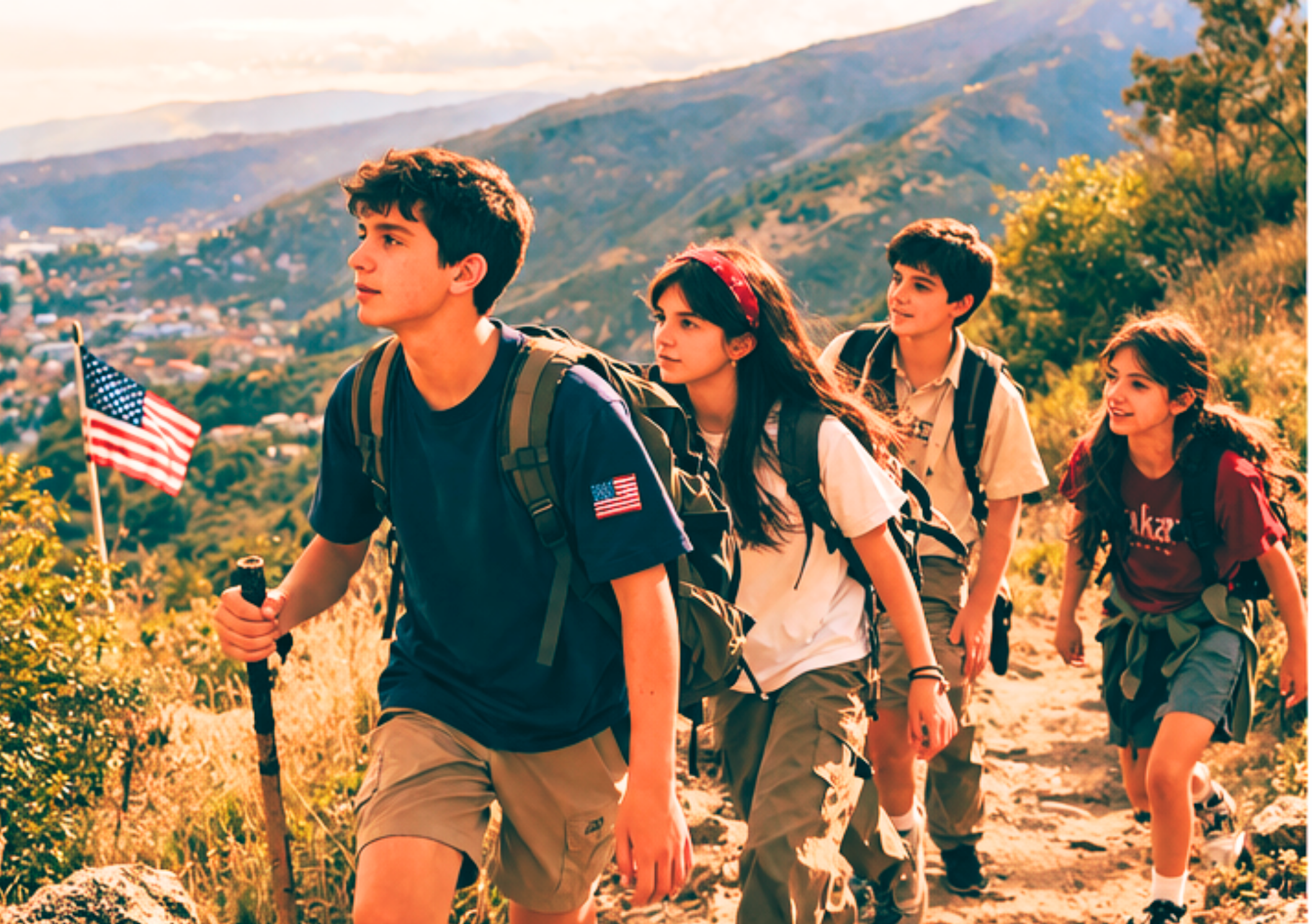 Group of four children hiking on a mountain trail with greenery and mountains in the background, one boy holding a small American flag