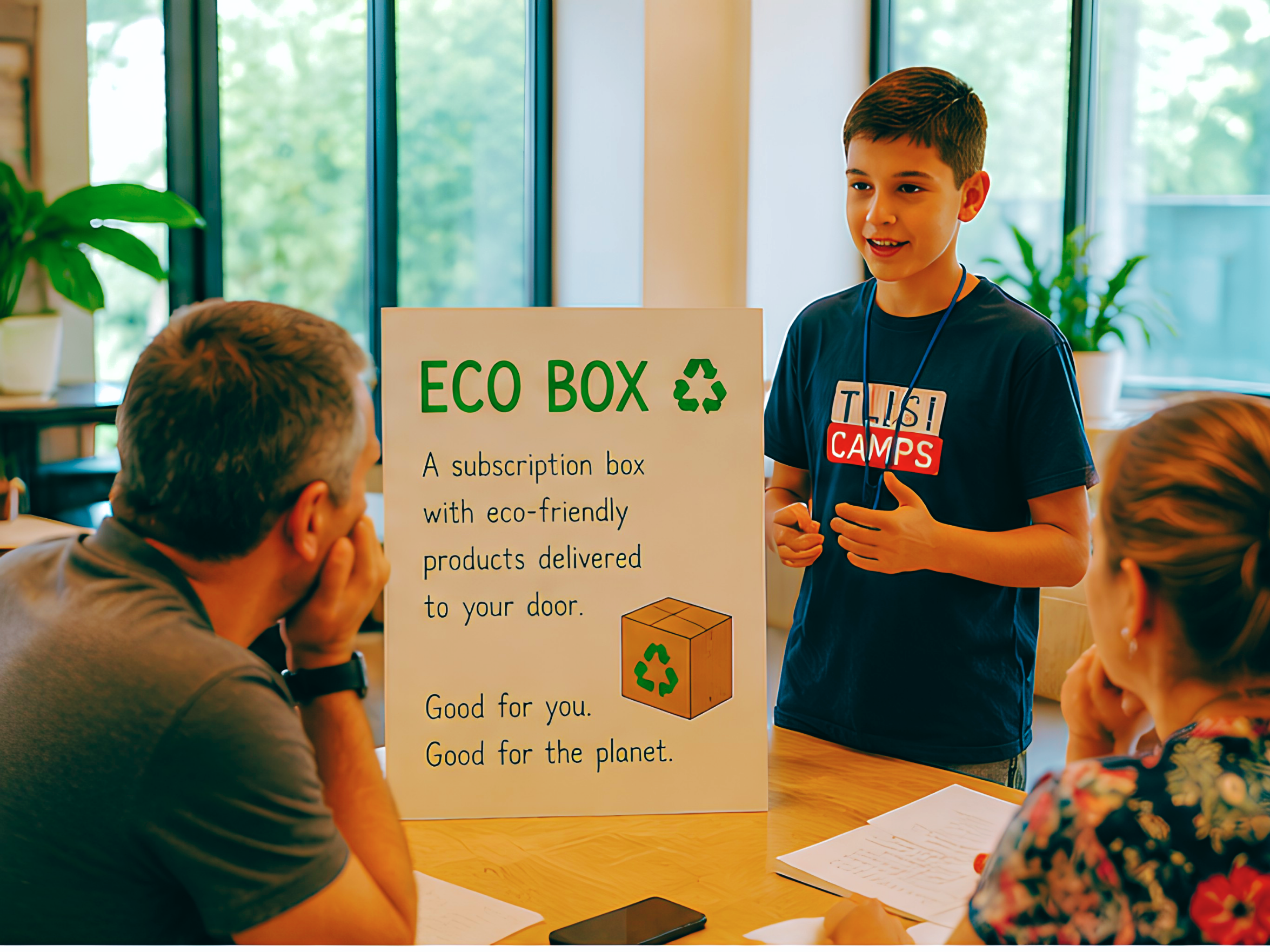 A young boy is standing at a table presenting a white sign that reads 'ECO BOX' with a recycling symbol, describing it as a subscription box with eco-friendly products delivered to your door, while several children are seated around the table listening.