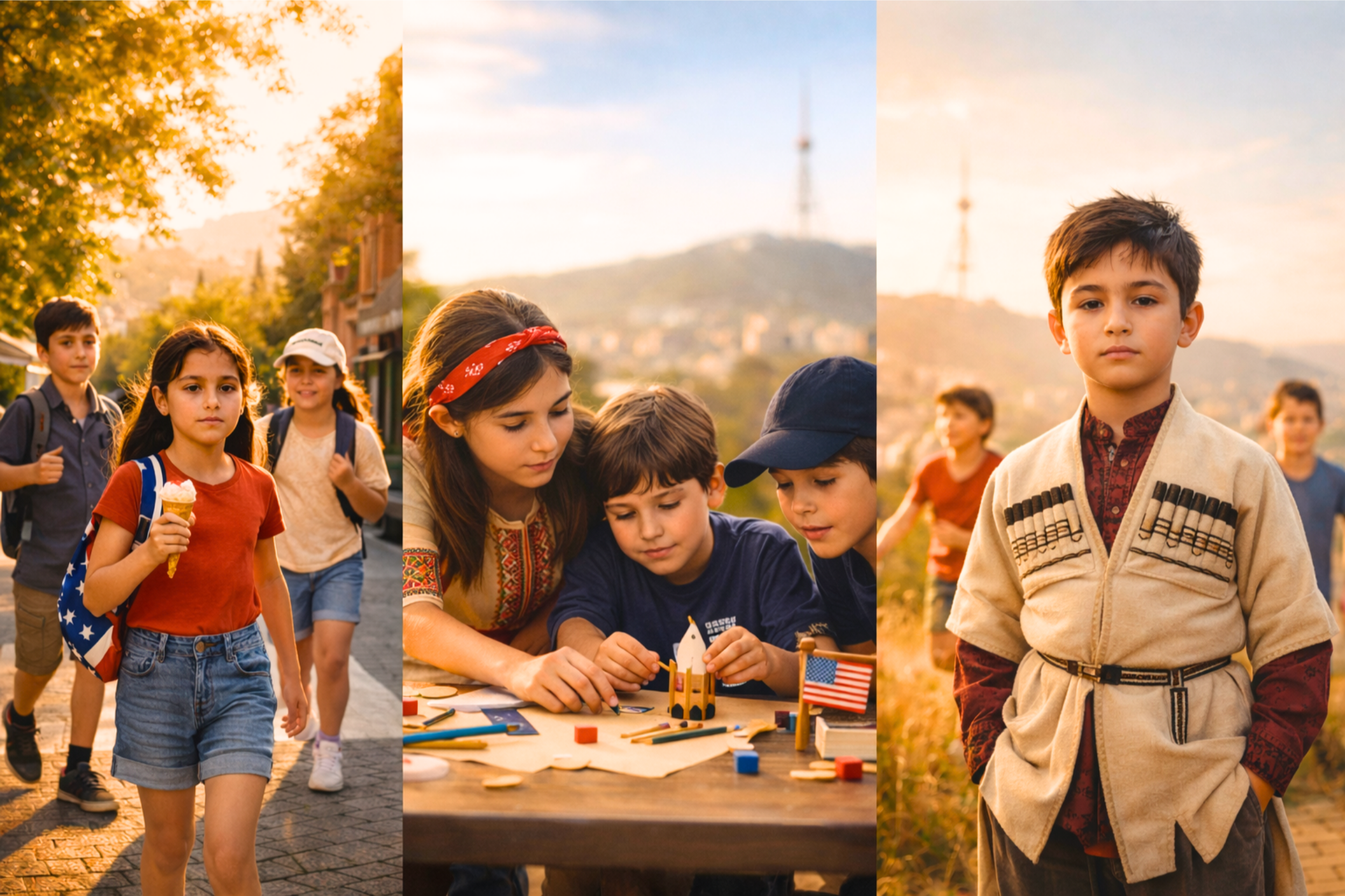 A collage of three photos of children. The first photo shows children walking outdoors at sunset, one girl holding an ice cream cone. The second photo depicts children and a woman playing with a space-themed board game at a table outdoors. The third photo features a boy standing outdoors with hills and radio towers in the background, with other children walking behind him.