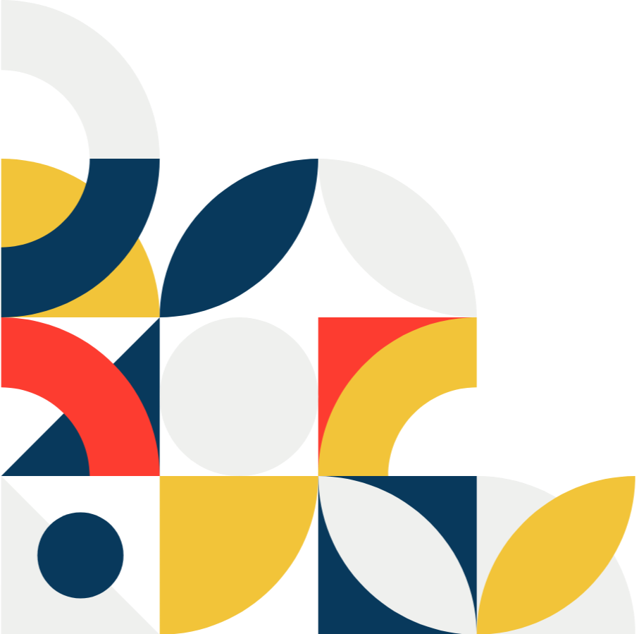 Abstract geometric pattern with circles and quarter circles in navy blue, red, yellow, white, and gray.