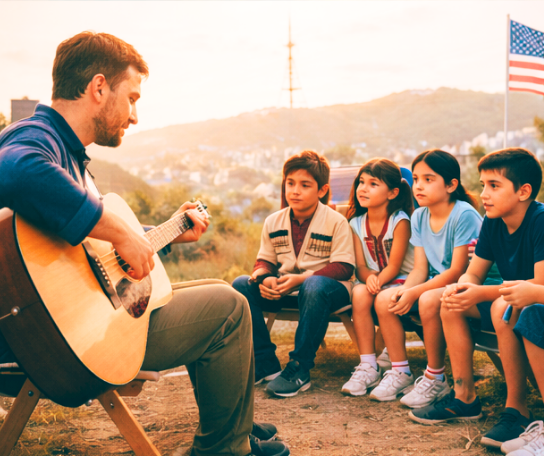 A man playing guitar while four children sit and watch outdoors with a backdrop of hills and an American flag.
