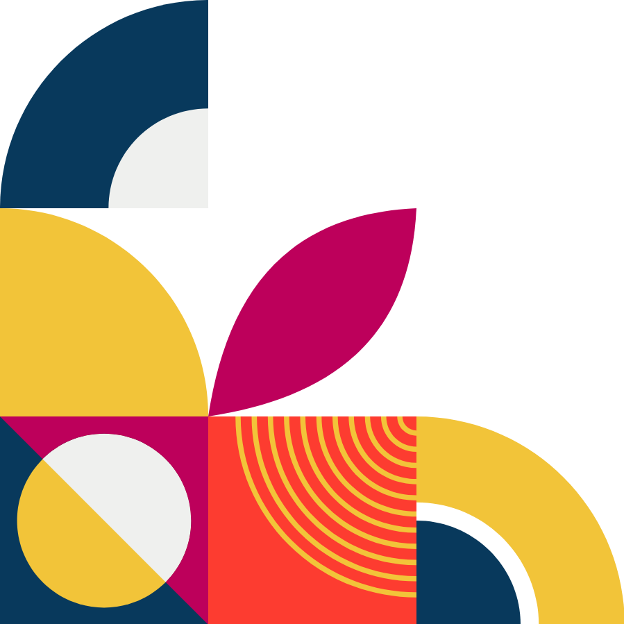 Abstract geometric art composed of colorful shapes including circles, semicircles, and leaf-like forms in yellow, pink, blue, red, black, and white against a black background.