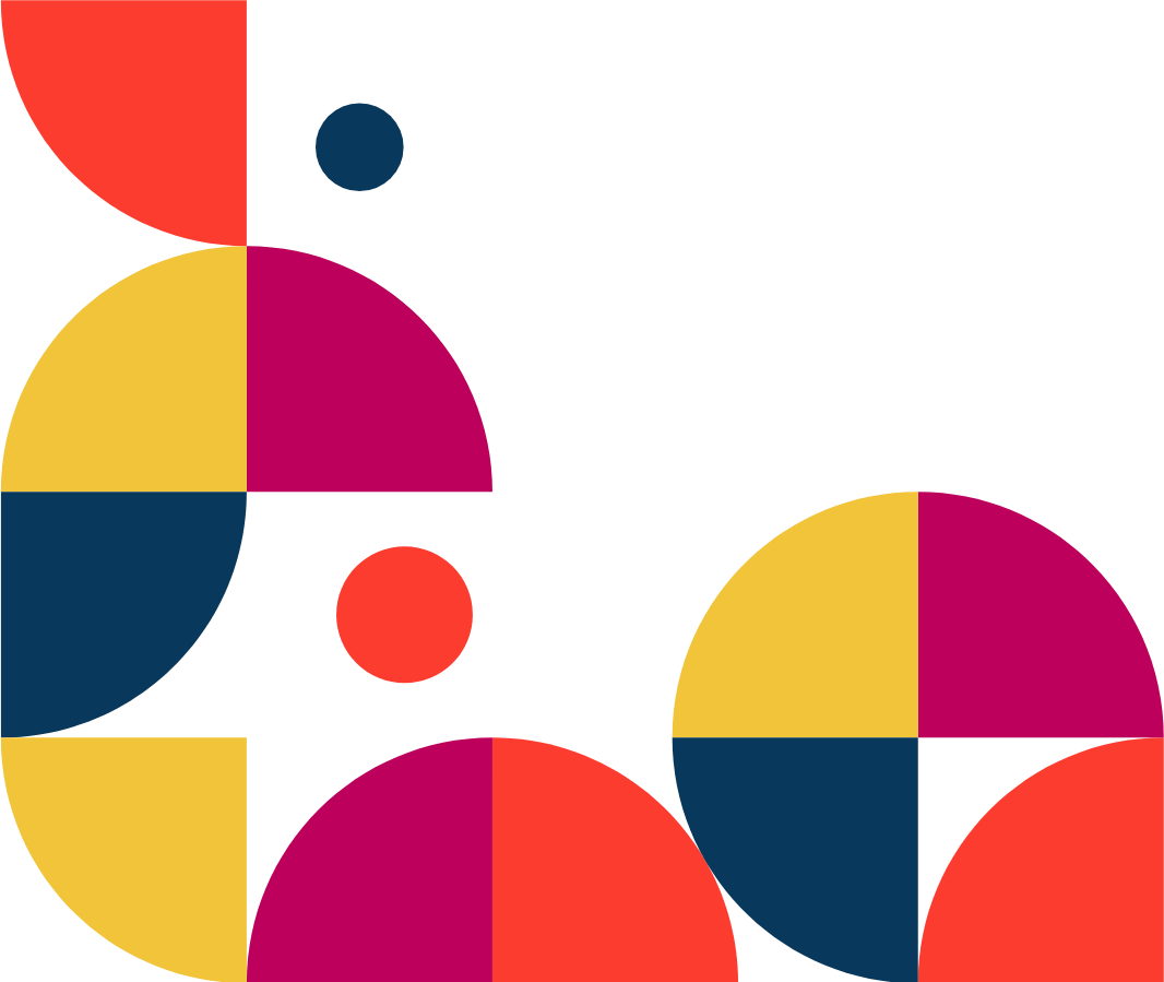 Colorful geometric abstract design with circles and quarter circles in red, navy blue, yellow, and magenta on a black background.