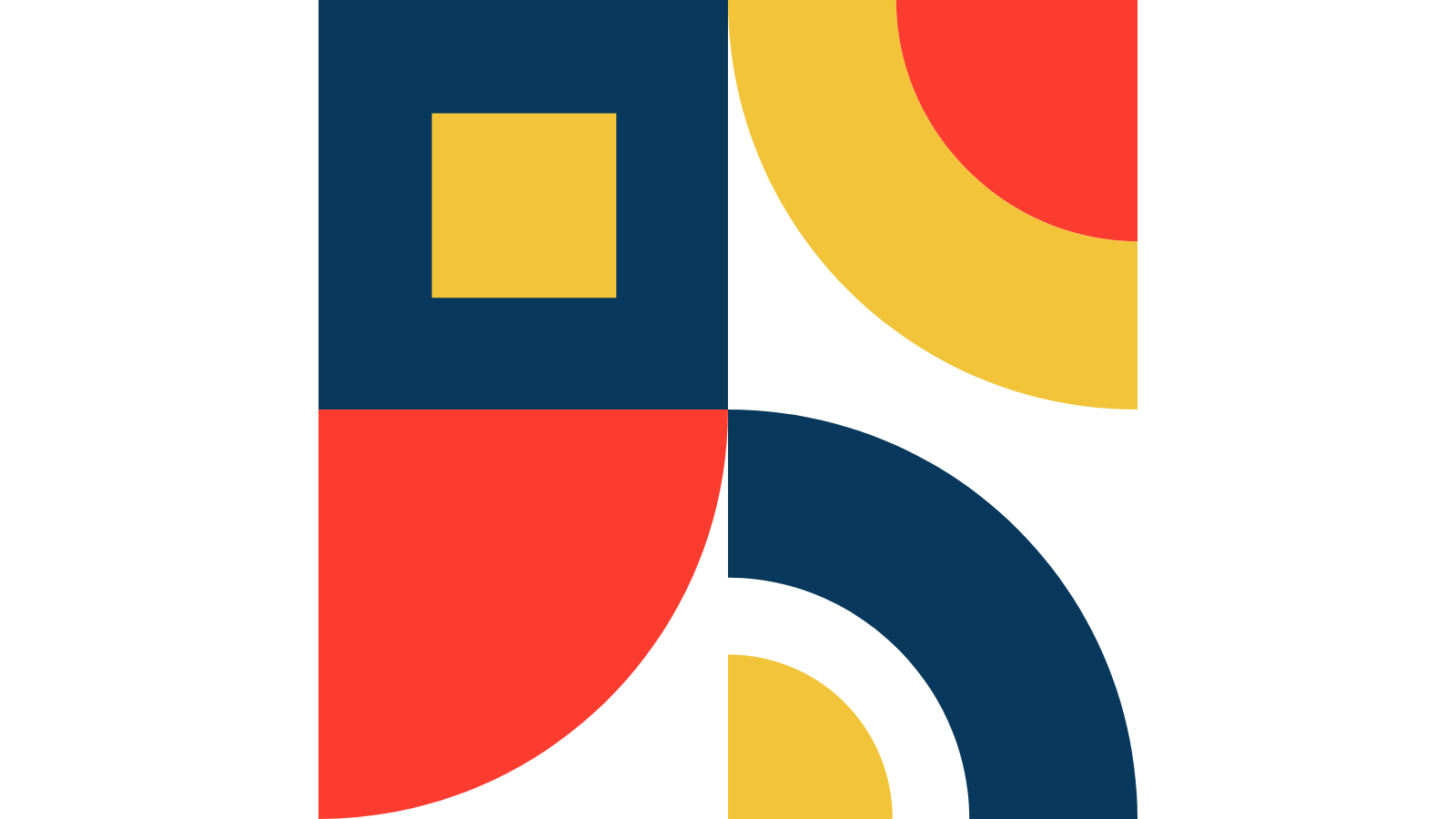 Abstract geometric artwork with large black, blue, red, and yellow shapes and lines.