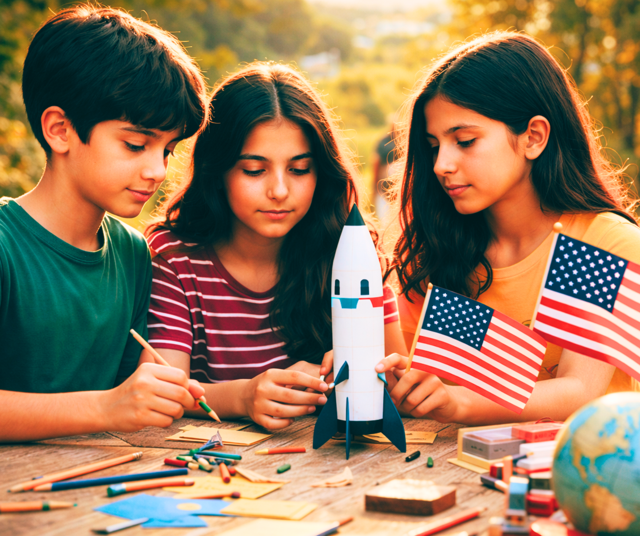 Three children working on a paper rocket model outdoors, holding small American flags, surrounded by school supplies and a globe, during sunset.