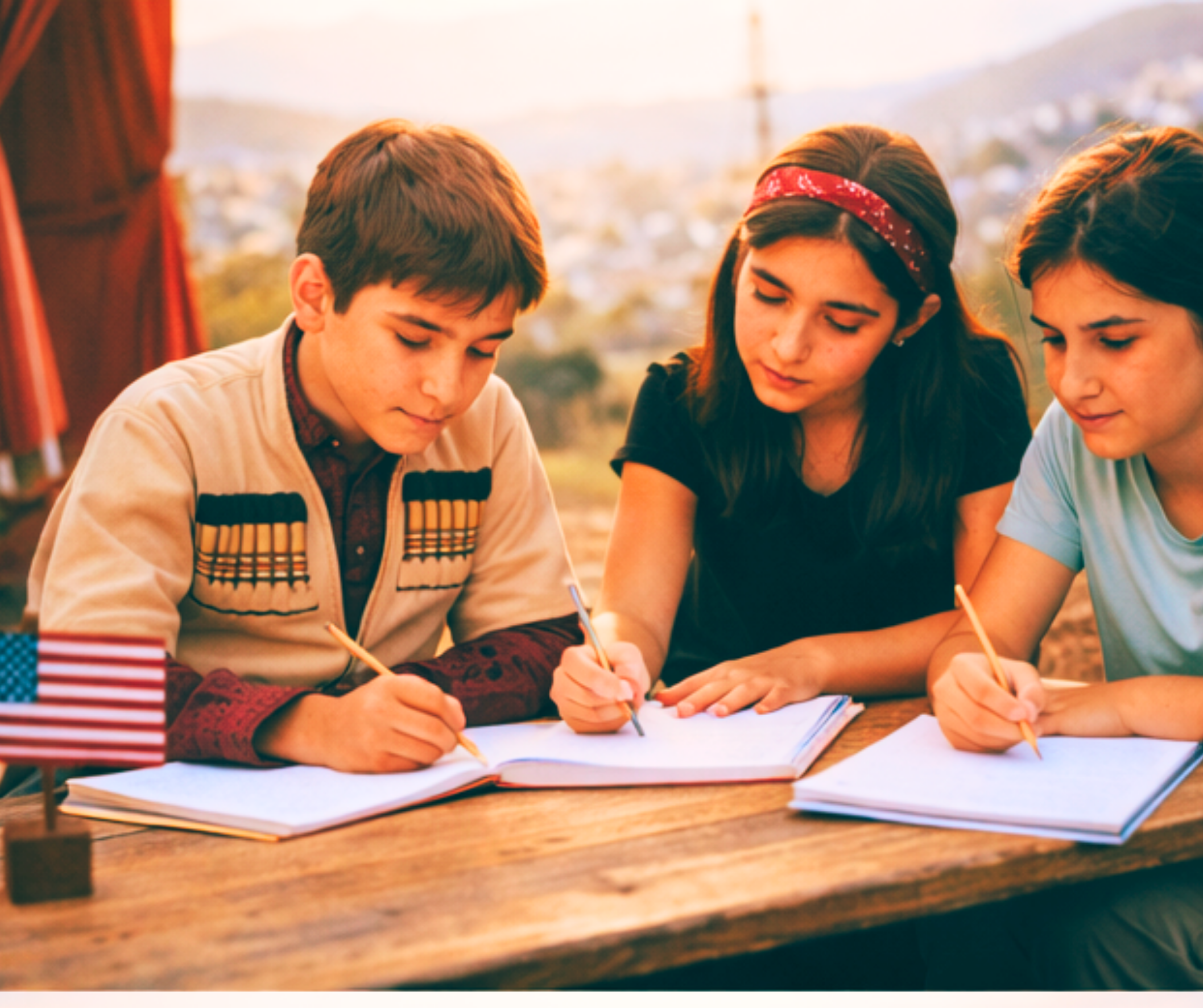 Three young people sitting at a wooden table outdoors, writing in notebooks, with an American flag on the table.