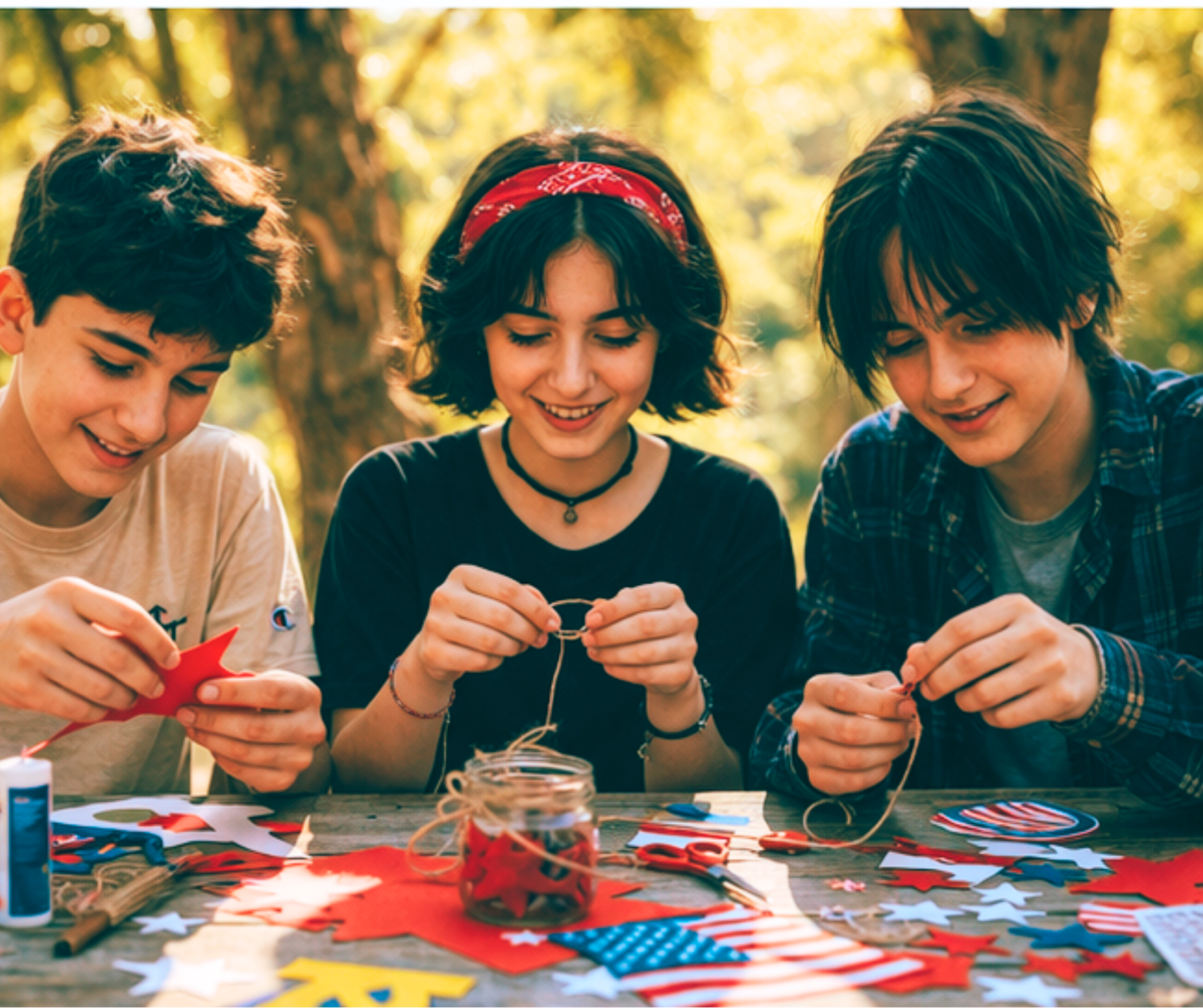 Three teenagers sitting at a wooden table outdoors, making patriotic crafts with red, white, and blue decorations, surrounded by crafting supplies, with trees in the background.