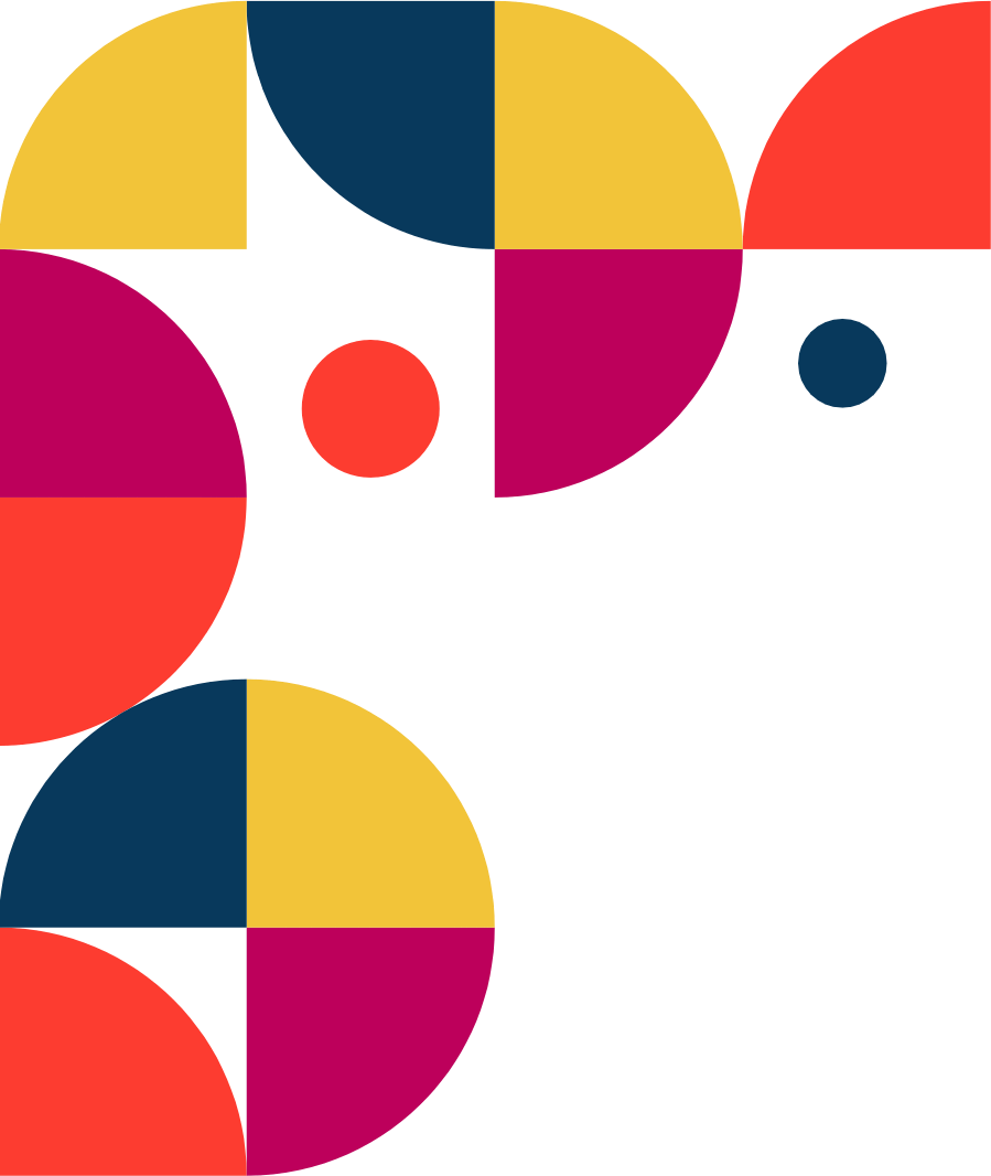Colorful geometric pattern with circles and quarter circles in yellow, pink, red, and navy blue on a black background.