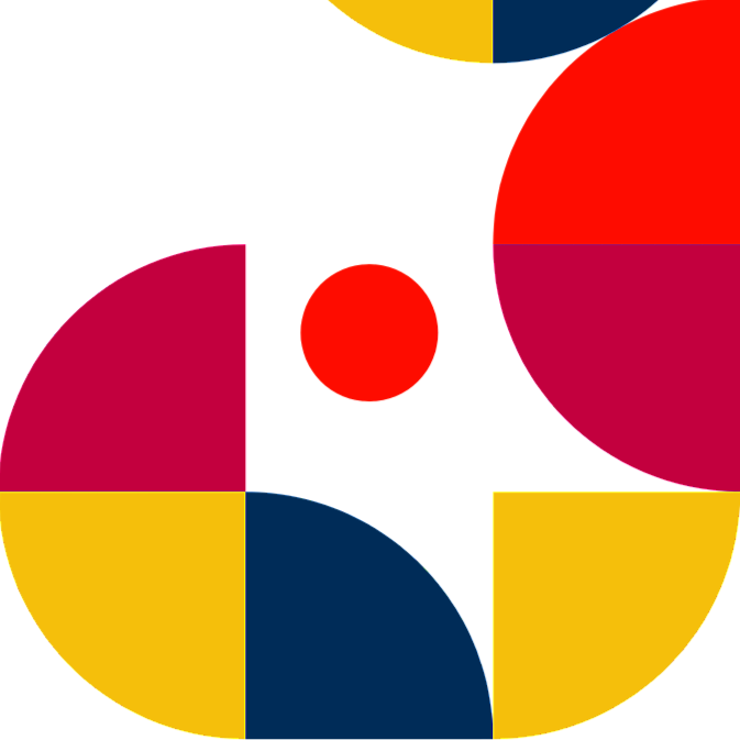 Abstract geometric design with red, yellow, pink, blue, and black circles and shapes.
