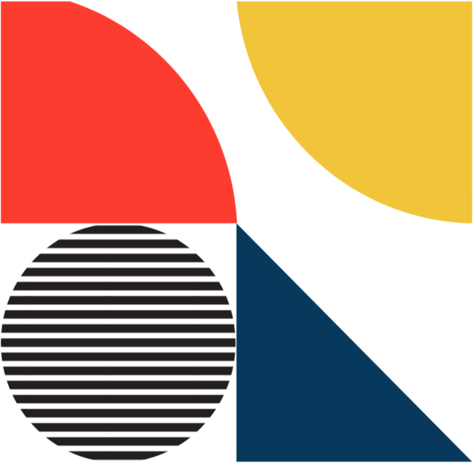 Abstract geometric design with four large sections: red semicircle, yellow quarter circle, black striped circle, and blue right triangle.