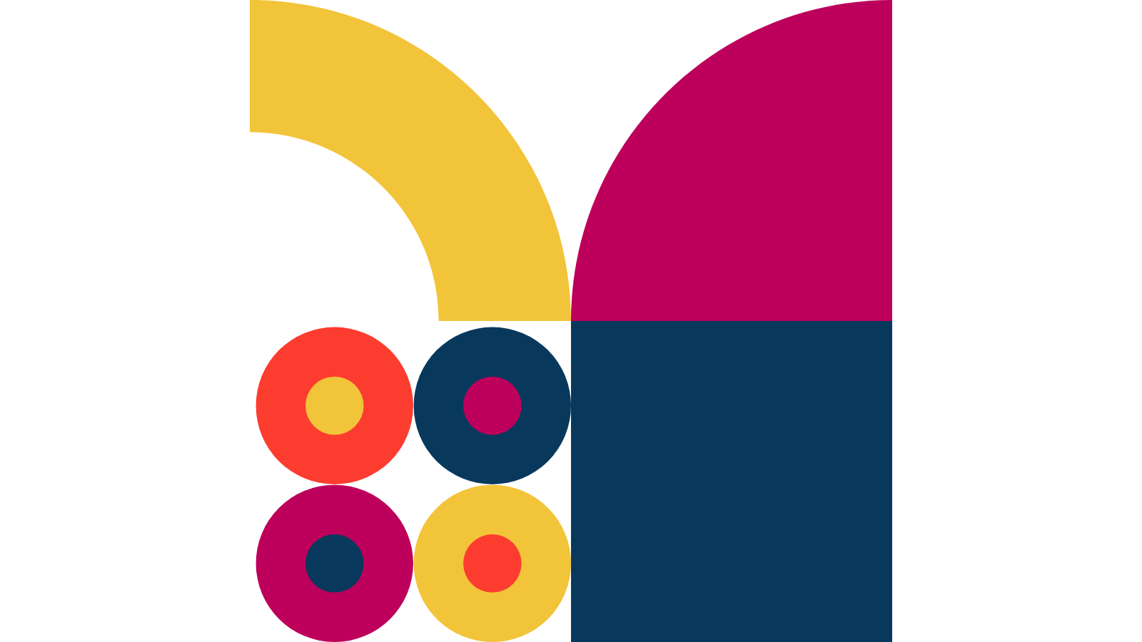 Abstract geometric shapes in yellow, pink, blue, and red arranged in a colorful pattern.