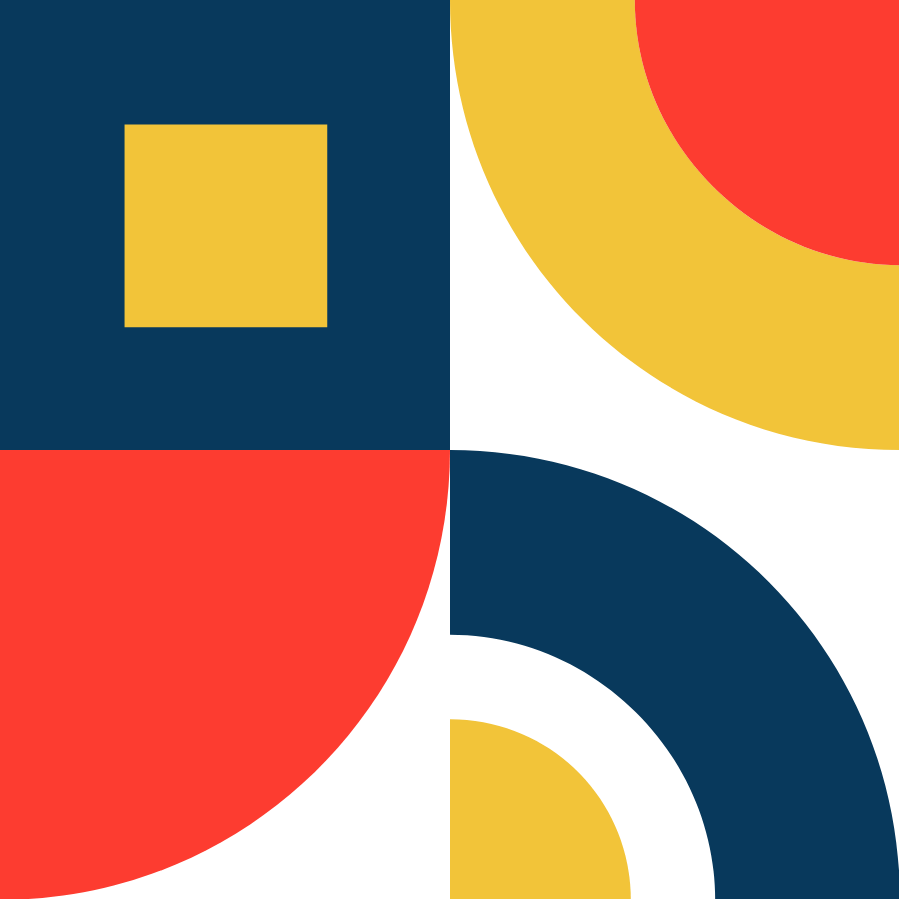 Colorful geometric abstract pattern featuring circles, squares, and quarter circles in yellow, red, blue, and black.