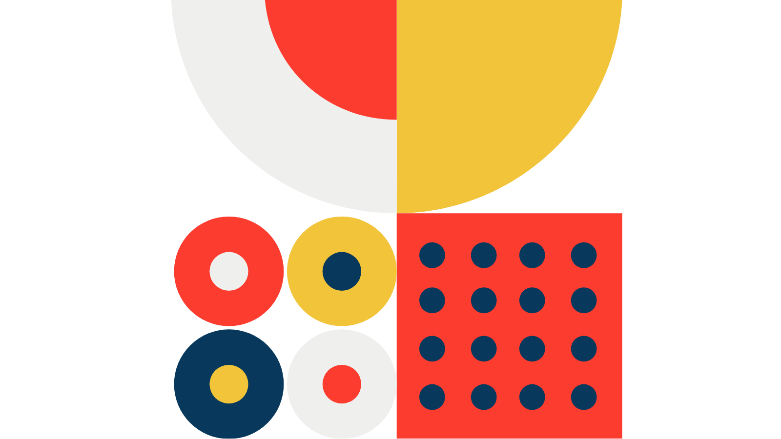 Pattern of geometric shapes including circles, a square, and semicircles in red, yellow, white, and navy blue colors.