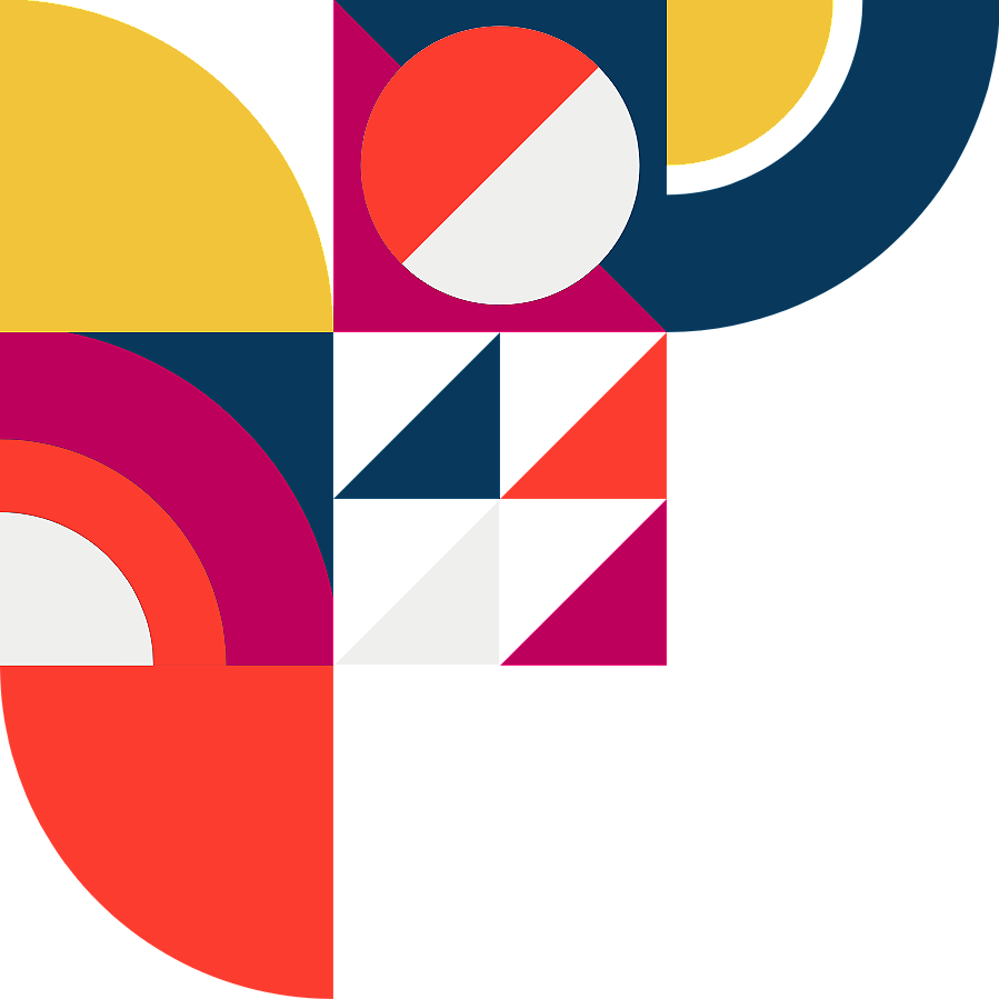 Abstract geometric artwork with overlapping circles, triangles, and squares in red, yellow, black, white, pink, and blue