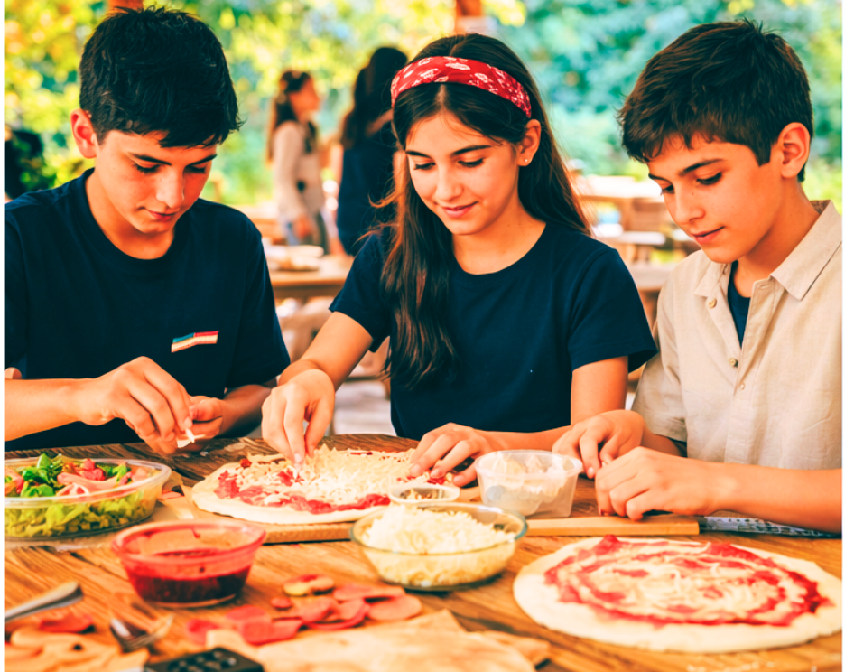 Three children making pizzas at an outdoor table, with salad and toppings nearby.