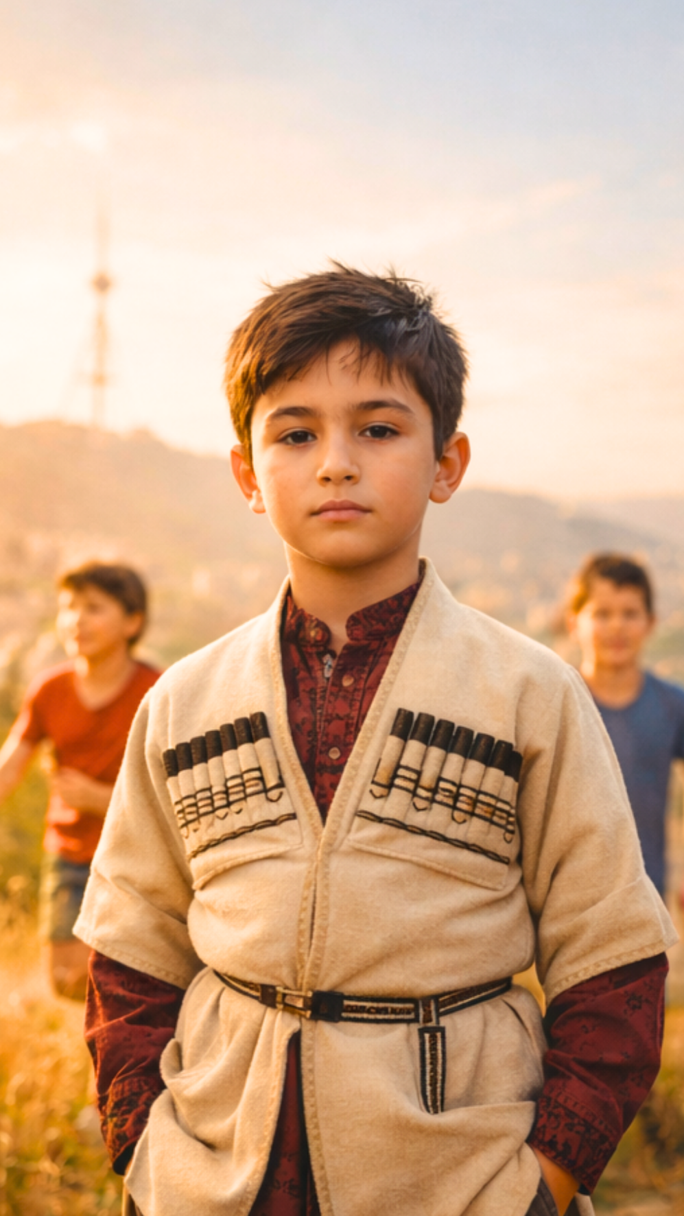 A boy standing outdoors during sunset, wearing a traditional beige jacket with musical note designs, with two children blurred in the background.