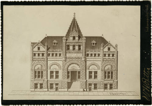 Architectural drawing of the original Propylaeum at 17 E. North Street, where the Indianapolis Woman’s Club met from 1891 until the building was demolished in the early 1920s.