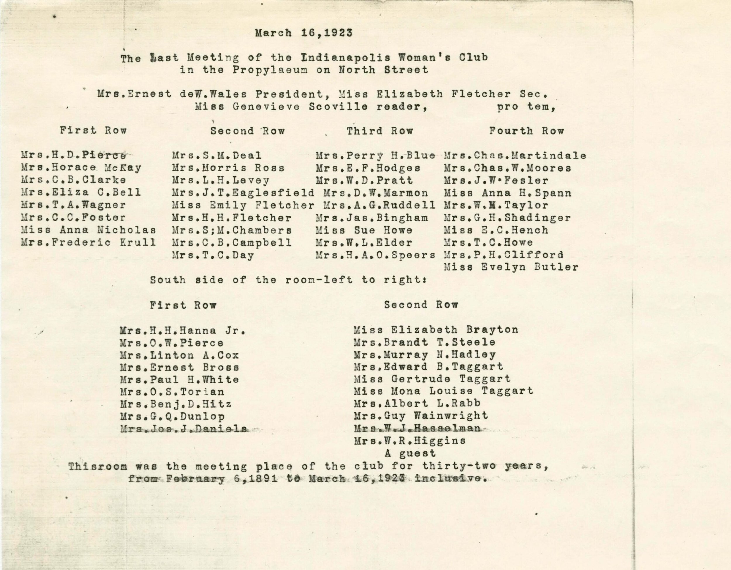 The final meeting of the Indianapolis Woman's Club in the former Propylaeum building on North Street, March 16, 1923.