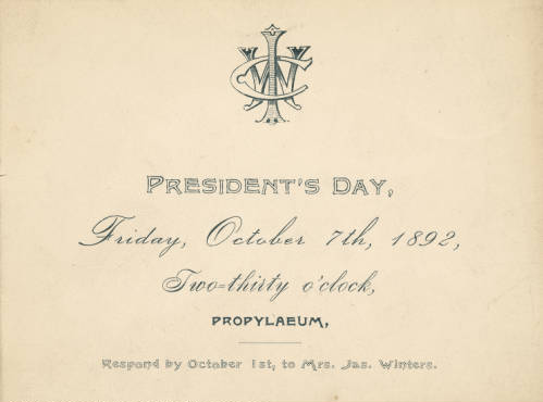 Indianapolis Woman's Club President's Day 1892 was celebrated on October 7 at the Propylaeum.