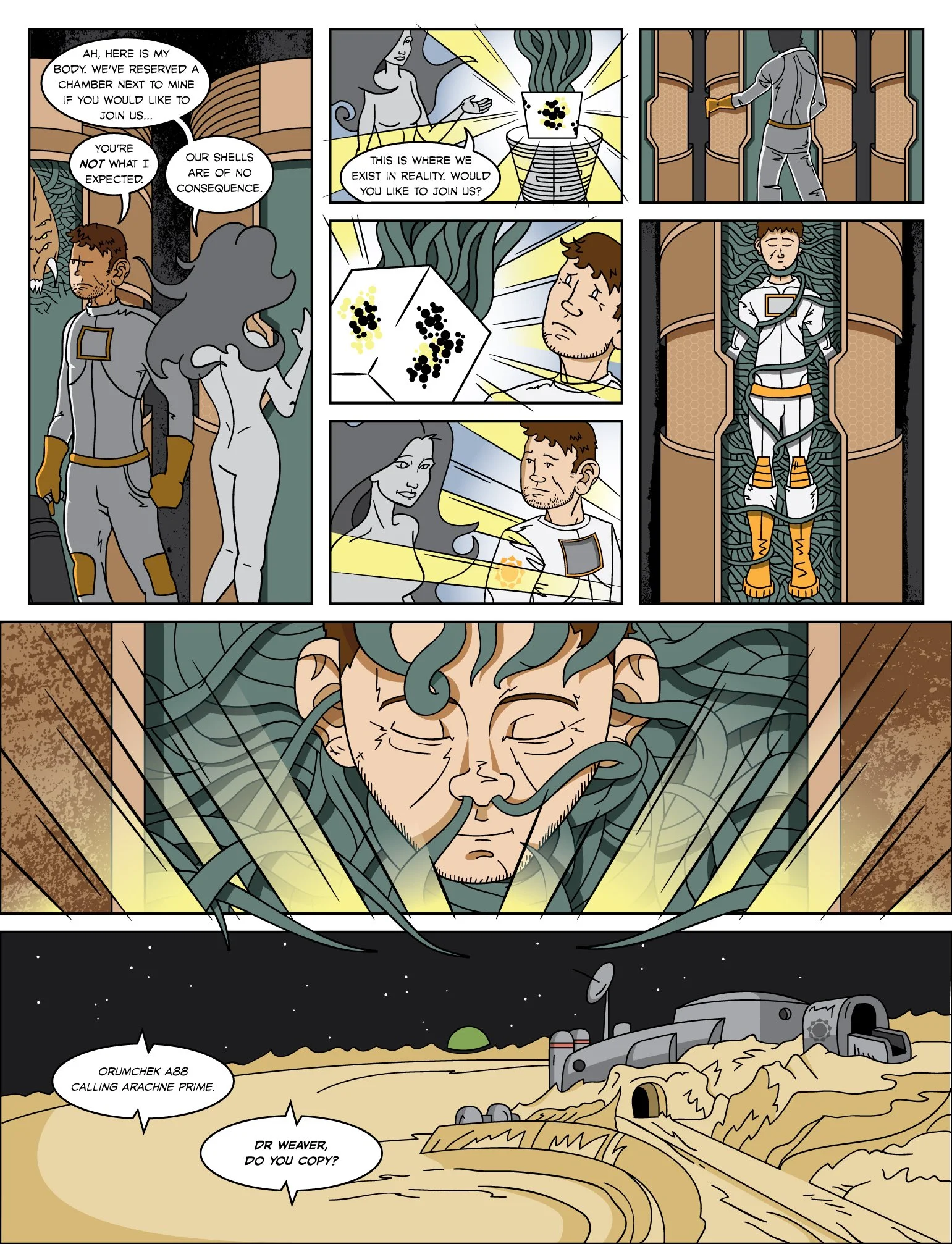 A comic strip depicting a scene where a scientist explains the existence of a different reality to a man, then reveals a creature with snake-like features and tentacles emerging from the man's body. The scene shifts to a desert landscape where the cr