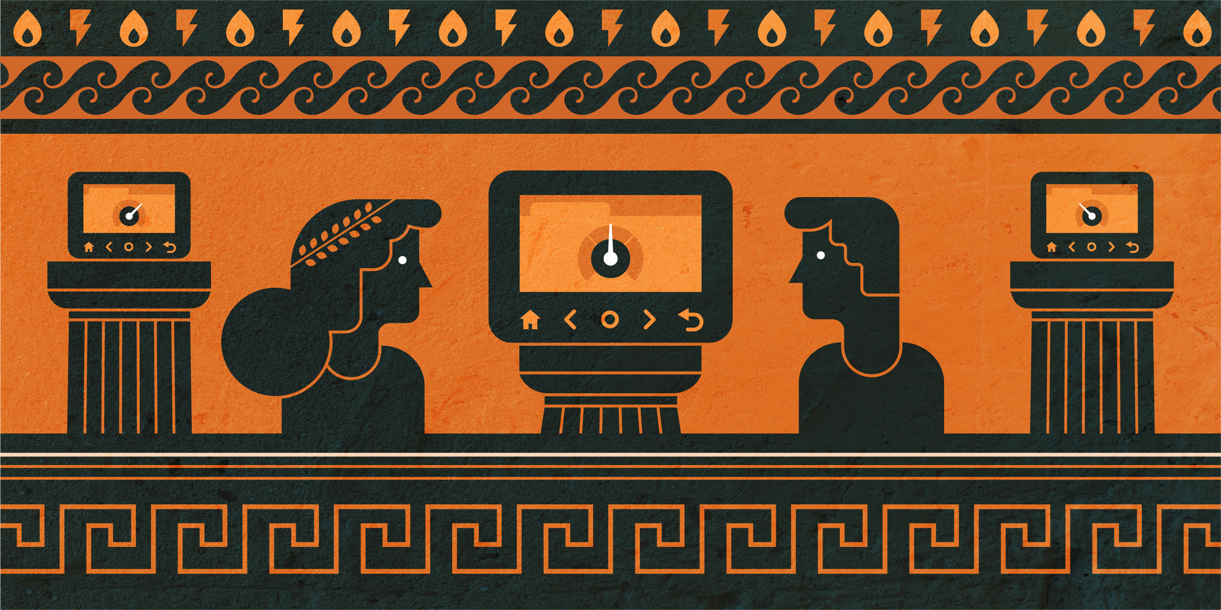 Illustration with a human profile, gears, and electronic devices, featuring patterns and symbols in black and orange with Greek key borders.
